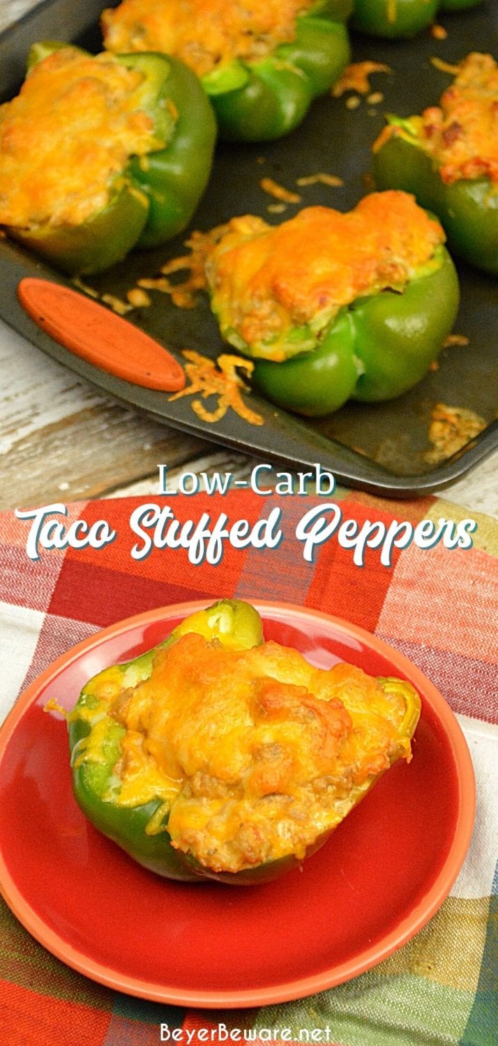 Low-Carb Taco Stuffed Peppers are a 9 net carb low carb stuffed pepper recipe with a queso sausage filling that is full of your favorite Mexican flavors and baked to form a cheesy crust over the peppers and sausage filling for a keto taco like dinner.