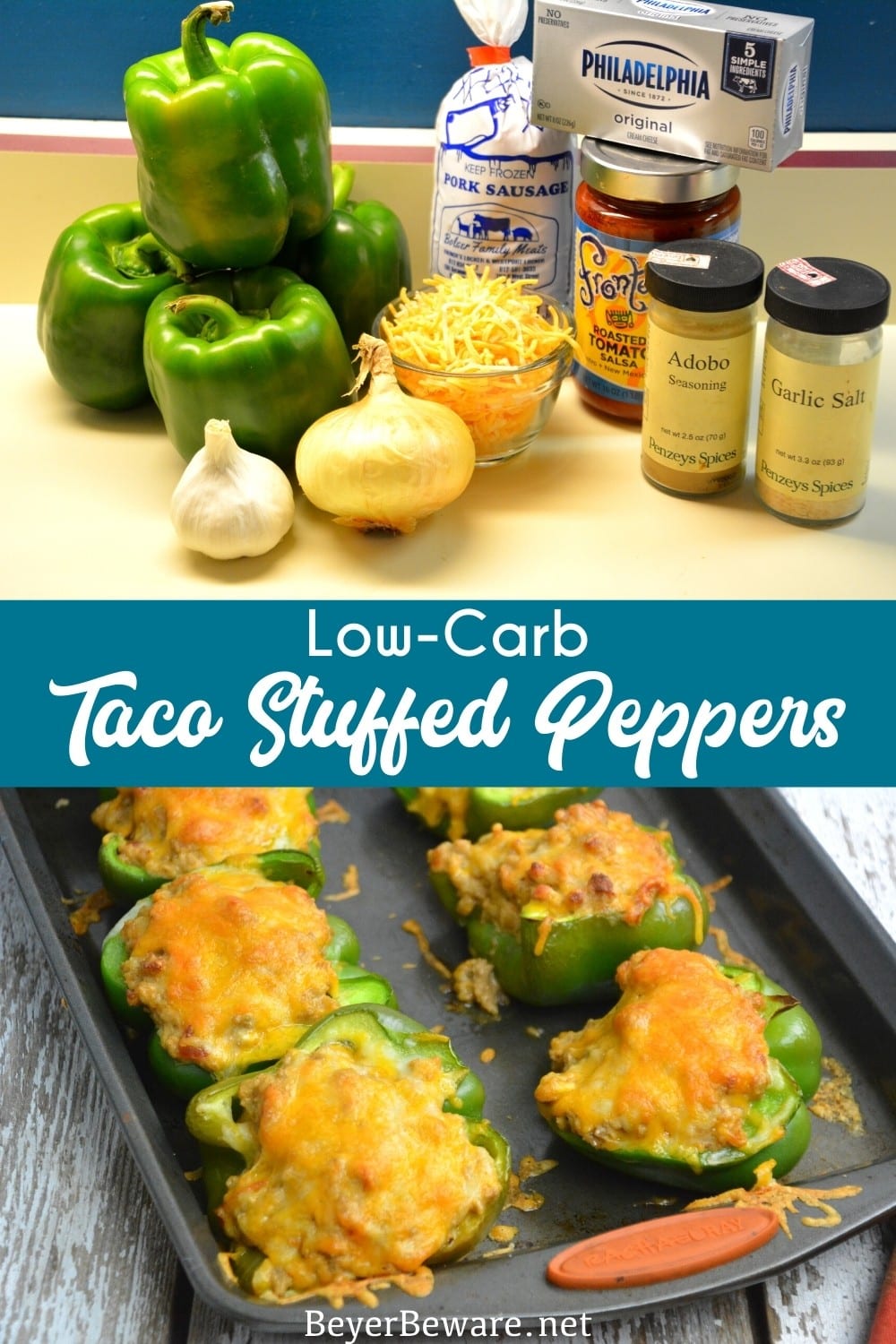 Low-Carb Taco Stuffed Peppers are a 9 net carb low carb stuffed pepper recipe with a queso sausage filling that is full of your favorite Mexican flavors and baked to form a cheesy crust over the peppers and sausage filling for a keto taco like dinner.