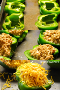 Low-Carb Taco Stuffed Peppers have a queso sausage filling that is full of your favorite Mexican flavors and baked to form a cheesy crust over the peppers and sausage filling. #Keto #Lowcarb #StuffedPeppers #Sausage #Queso #GlutenFree