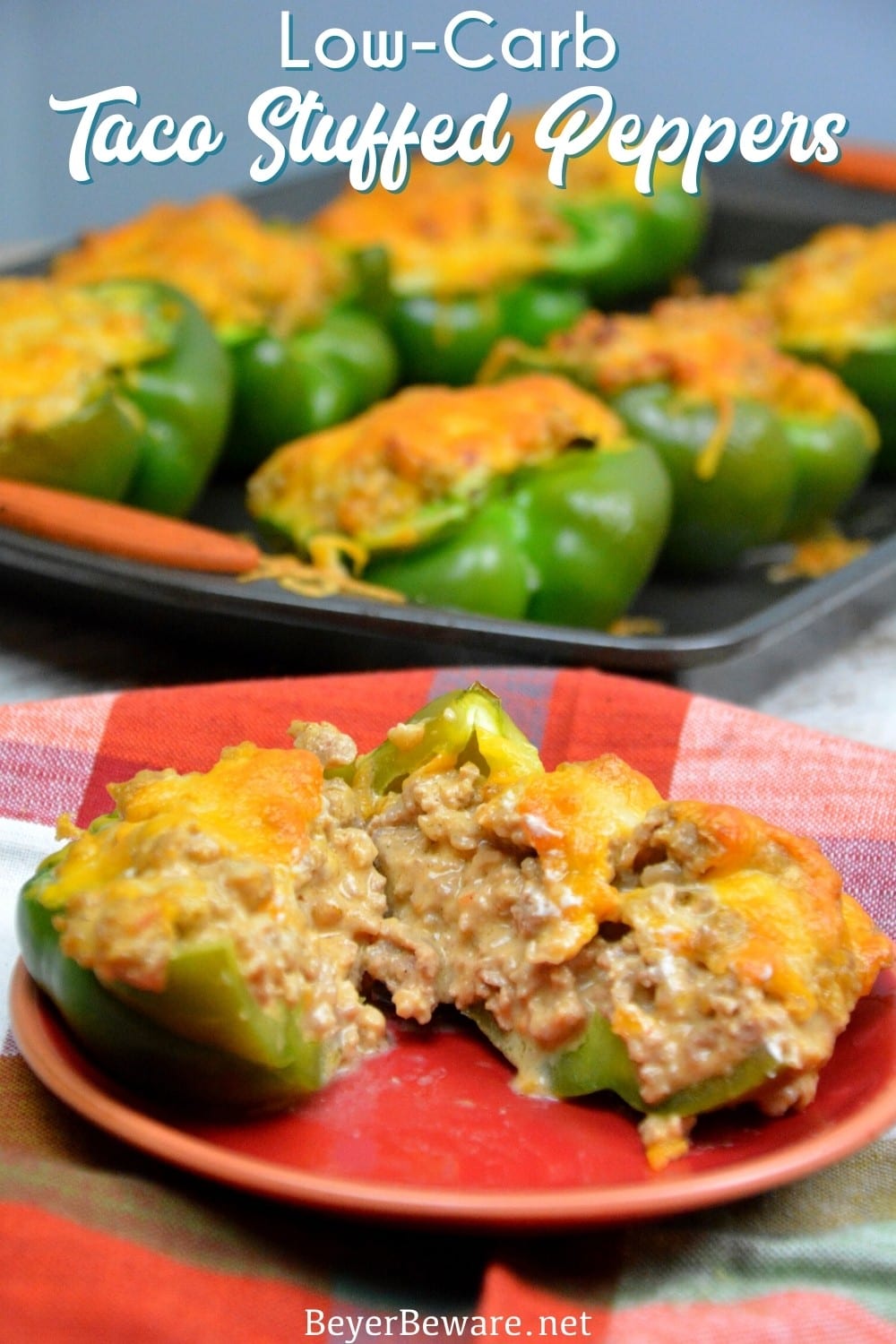 Low-Carb Taco Stuffed Peppers are a 9 net carb low carb stuffed pepper recipe with a queso sausage filling that is full of your favorite Mexican flavors and baked to form a cheesy crust over the peppers and sausage filling for a keto taco like dinner.