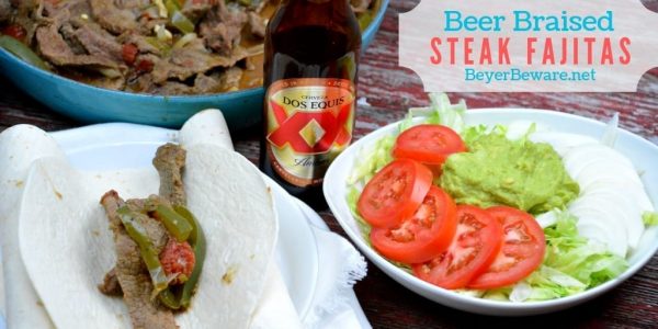 Beer braised steak fajitas are a quick skillet beef fajita recipe thanks to some fajita meet and tenderizing from the beer. #Fajitas #Steak #QuickMeals