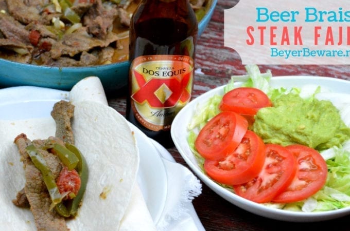 Beer braised steak fajitas are a quick skillet beef fajita recipe thanks to some fajita meet and tenderizing from the beer. #Fajitas #Steak #QuickMeals