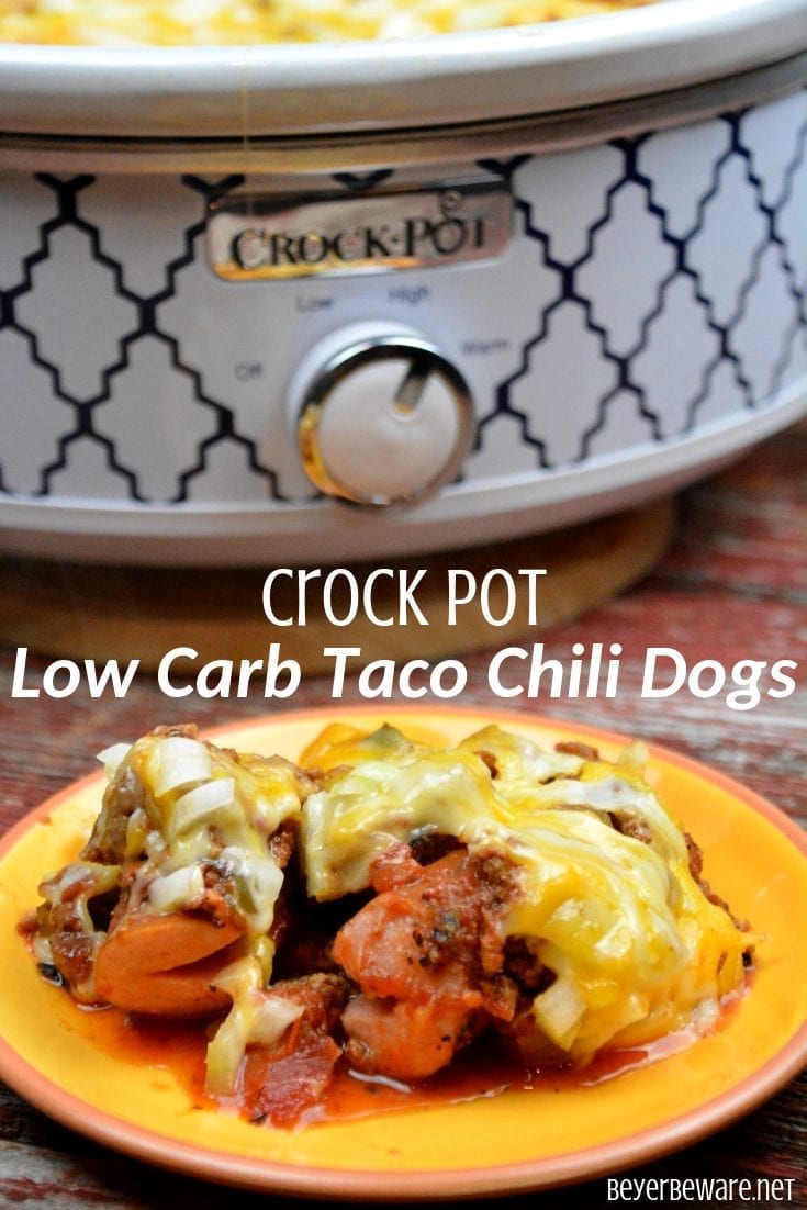 Crock Pot Low Carb Taco Chili Dogs Casserole is a quick meal cooked in a casserole crock pot while your run around to evening activities. #Lowcarb #Keto #CrockPot #Casserole