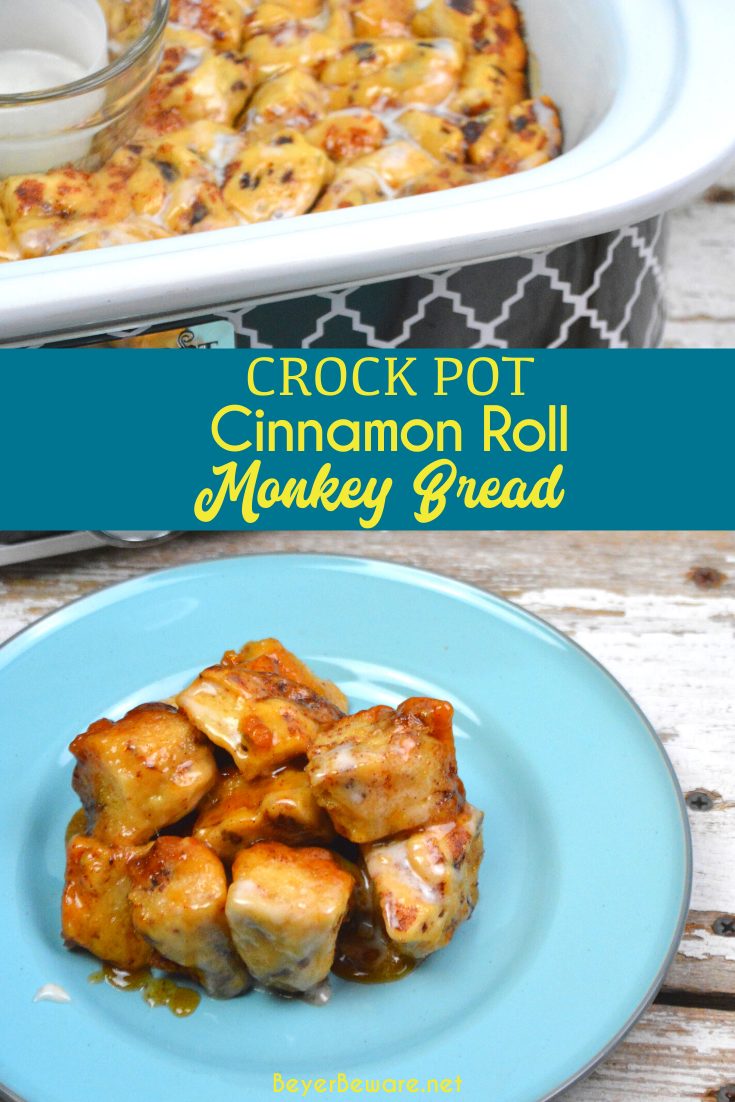 Crock Pot Cinnamon Roll Monkey Bread combines two tubes of refrigerator cinnamon rolls with caramel sauce that becomes a gooey cinnamon pull-apart bread that is drowned in icing to finish it off.