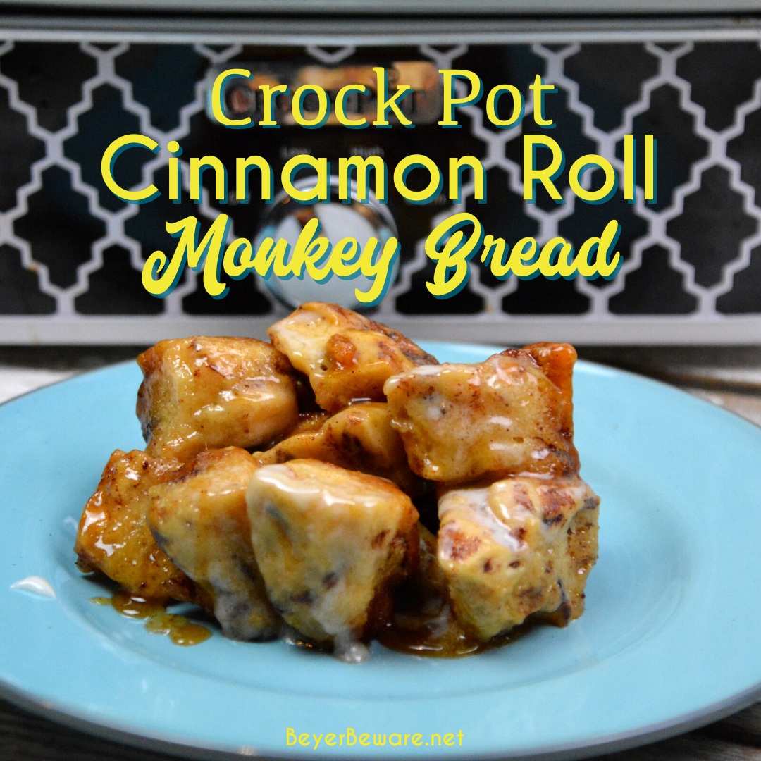 Crock Pot Cinnamon Roll Monkey Bread combines two tubes of refrigerator cinnamon rolls with caramel sauce that becomes a gooey cinnamon pull-apart bread that is drowned in icing to finish it off.