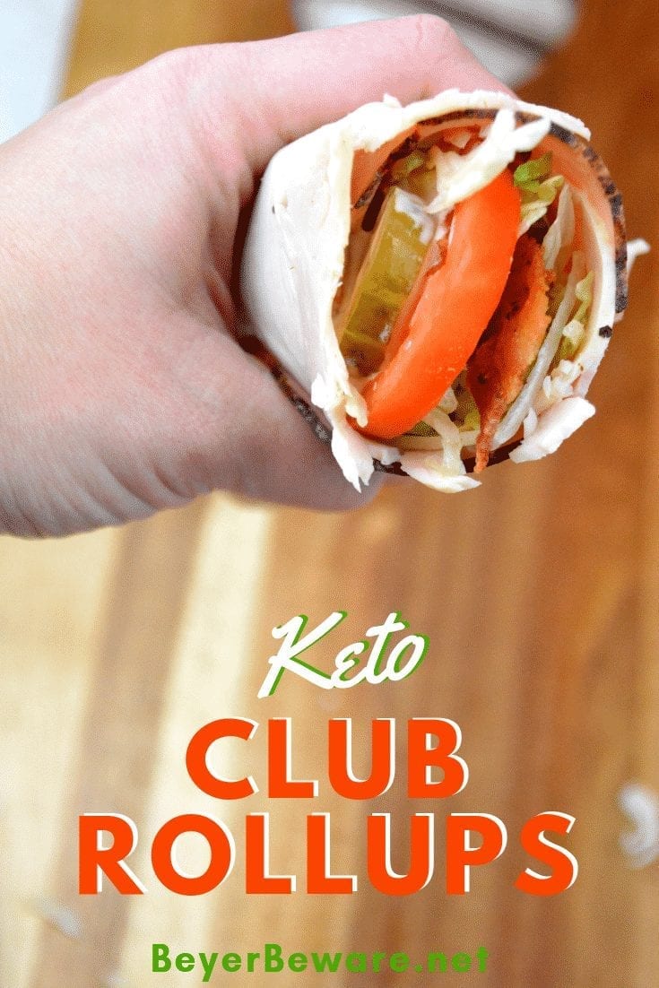 Keto club rollups use deli ham and turkey for the outside wrap and filled with cheese, bacon, shredded lettuce, pickles, tomatoes, and ranch to make a gluten-free and low carb club wraps. #