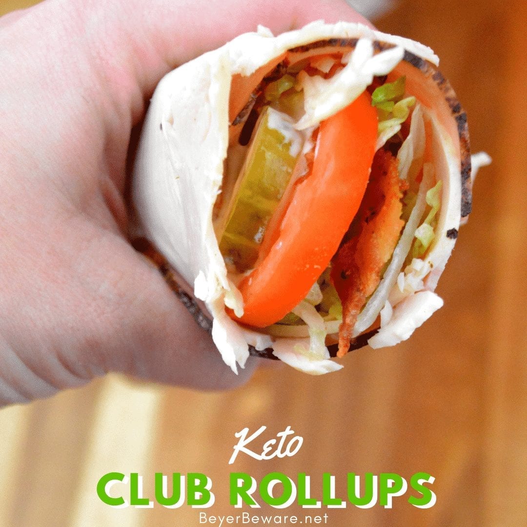 Keto club rollups use deli ham and turkey for the outside wrap and filled with cheese, bacon, shredded lettuce, pickles, tomatoes, and ranch to make gluten-free and low carb club wraps. #Keto #lowcarb #GlutenFree #rollups #LowCarbRecipes #KetoRecipes