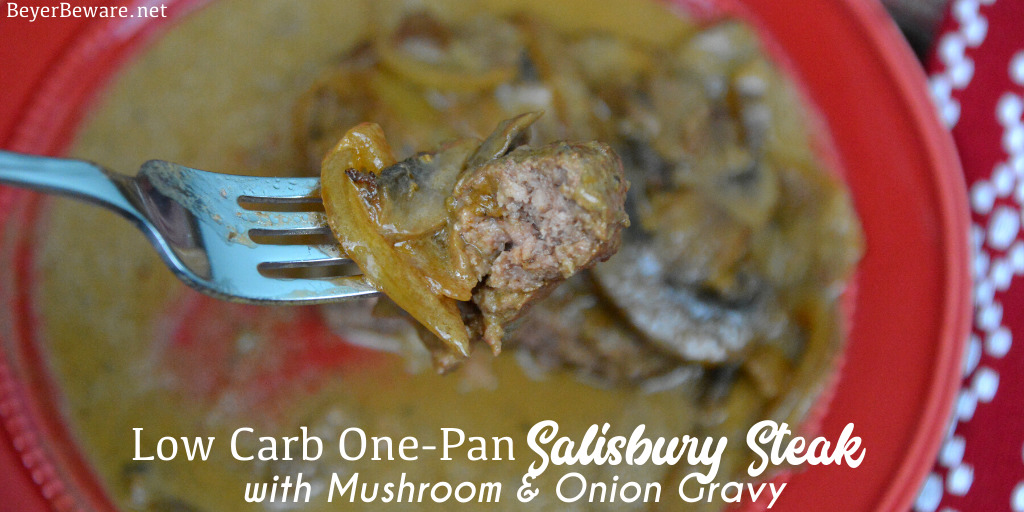 Low Carb Salisbury Steak is a one-pan meal that involves a skillet cooking butter with onions and mushrooms before sauteeing the hamburger steaks that all meld together with a brown gravy from the pan drippings.