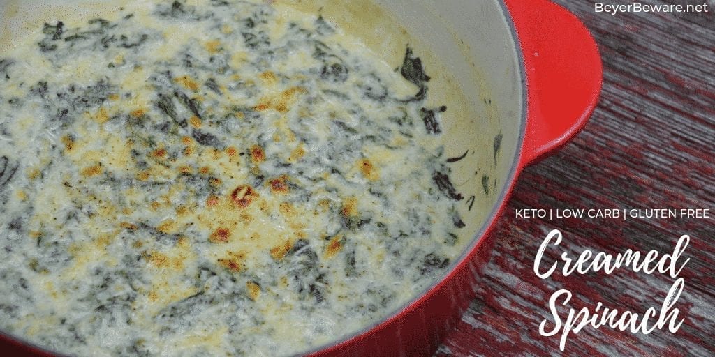 Keto Creamed Spinach is a simple gluten free creamed spinach recipe combining steamed spinach, butter, heavy whipping cream, and mozzarella and parmesan cheeses. #GlutenFree #LowCarb #Keto #SideDishes #Recipes #Keto #Spinach #Cheese