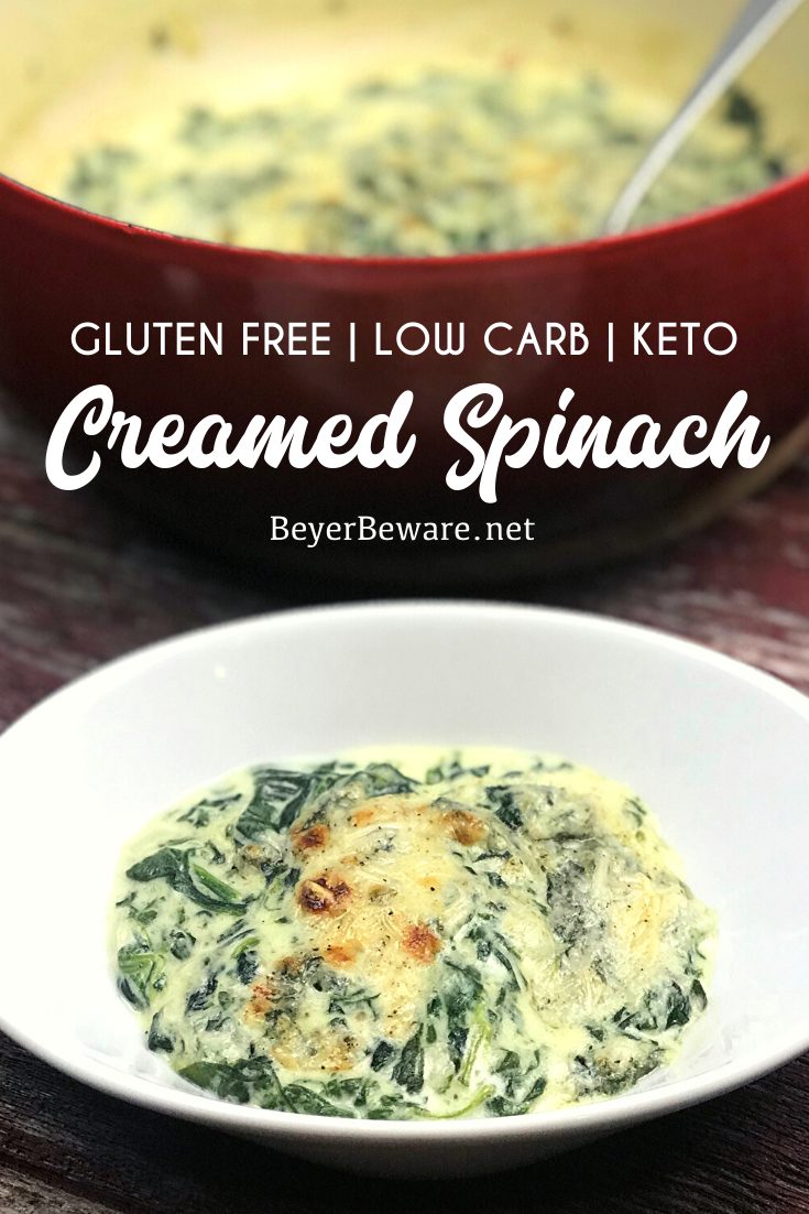 Low-Carb Creamed Spinach is a simple gluten-free creamed spinach recipe combining steamed spinach, butter, heavy whipping cream, and mozzarella and parmesan cheeses. A truly simple keto side dish that goes well with pork chops, steaks, and chicken. #GlutenFree #LowCarb #Keto #SideDishes #Recipes #Keto #Spinach #Cheese #KetoRecipes #KetoSides