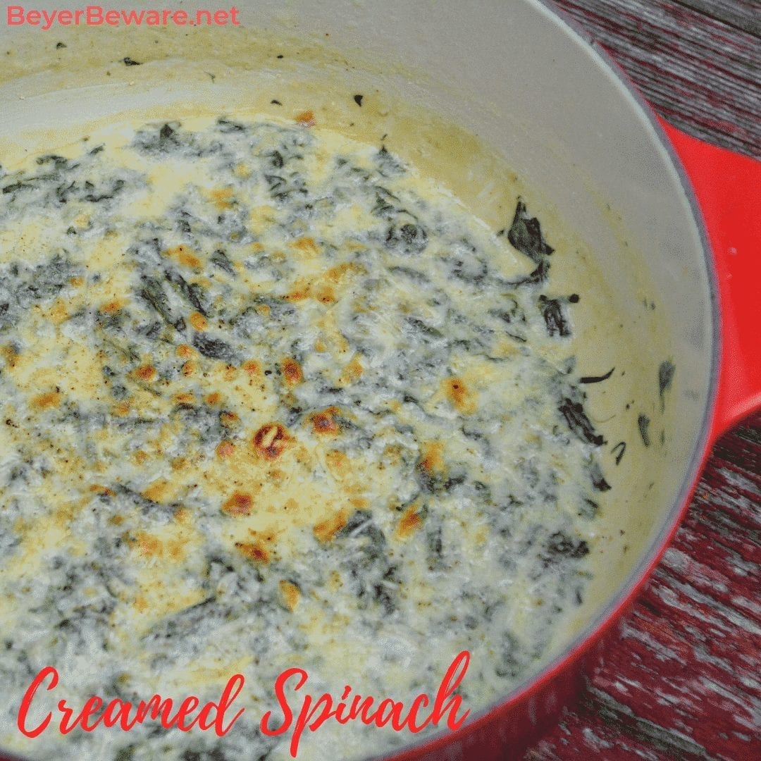 Keto Creamed Spinach is a simple gluten free creamed spinach recipe combining steamed spinach, butter, heavy whipping cream, and mozzarella and parmesan cheeses. #GlutenFree #LowCarb #Keto #SideDishes #Recipes #Keto #Spinach #Cheese