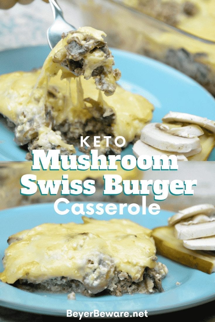 Keto Mushroom Swiss Burger Casserole recipe is a simple low carb ground beef casserole combining hamburger, swiss cheese, mushrooms and baked for 20 minutes. #keto #LowCarb #GroundBeef #Burger #Casserole #Hamburger #Beef #KetoRecipes