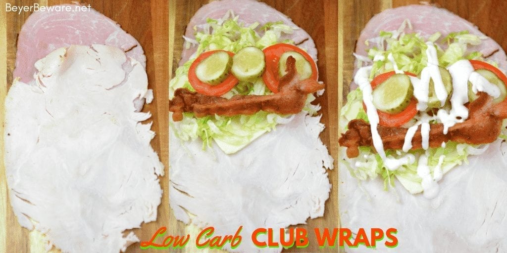 Low Carb club wraps use deli ham and turkey for the outside wrap and filled with cheese, bacon, shredded lettuce, pickles, tomatoes, and ranch to make a gluten-free and keto club rollups. #Keto #lowcarb #GlutenFree #rollups #LowCarbRecipes #KetoRecipes
