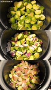 Ninja Foodi Brussels Sprouts, onions and bacon are a quick air fryer side dish that is the perfect Brussels Sprouts recipe.  #NinjaFoodi #Airfryer #BrusselsSprouts #Bacon #EasyRecipes