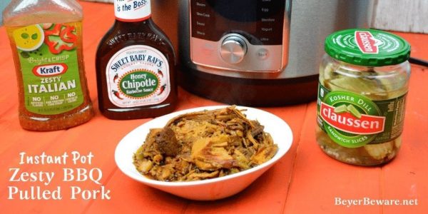 Instant Pot Zesty BBQ Pulled Pork makes a pork shoulder a flavorful and juicing bbq pulled pork with the help of root beer and zesty Italian dressing in 90 minutes. #PulledPork #BBQ #BBQPork #InstantPot #Pork #BBQPork