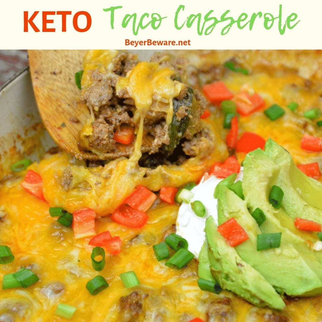Low-Carb Taco Bake combines the favorite flavors of Mexican food in one pan for a meal that is baked to a flavorful and cheesy keto taco casserole. #LowCarbTaco #LowCarb #Keto #TacoBake #Taco #GroundBeef #MexicanFood