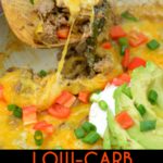 Low-Carb Taco Bake combines the favorite flavors of Mexican food in one pan for a meal that is baked to a flavorful and cheesy keto taco ground beef casserole. #keto #lowcarb #TacoBake #easyrecipe