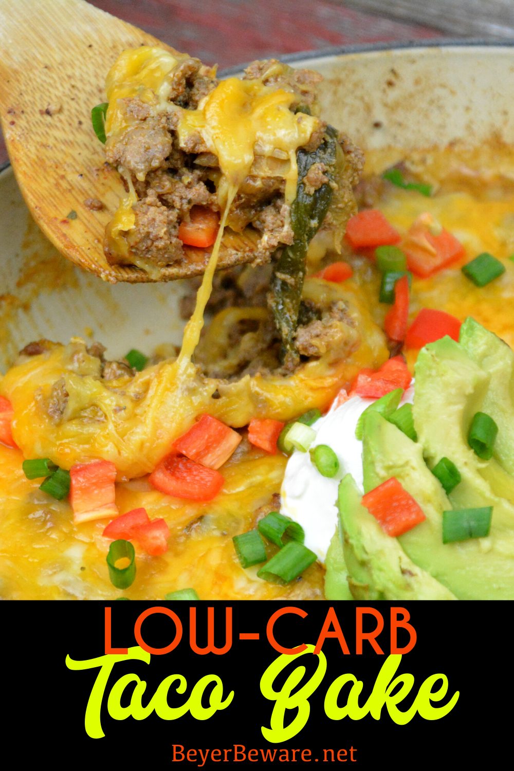 Low-Carb Taco Bake combines the favorite flavors of Mexican food in one pan for a meal that is baked to a flavorful and cheesy keto taco ground beef casserole. #keto #lowcarb #TacoBake #easyrecipe