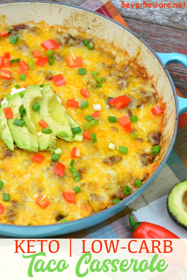 Low-Carb Taco Bake combines the favorite flavors of Mexican food in one pan for a meal that is baked to a flavorful and cheesy keto taco ground beef casserole. #keto #lowcarb #TacoBake #easyrecipe