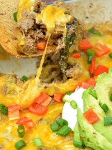 Low-Carb Taco Bake combines the favorite flavors of Mexican food in one pan for a meal that is baked to a flavorful and cheesy keto taco casserole. #LowCarbTaco #LowCarb #Keto #TacoBake #Taco #GroundBeef #MexicanFood