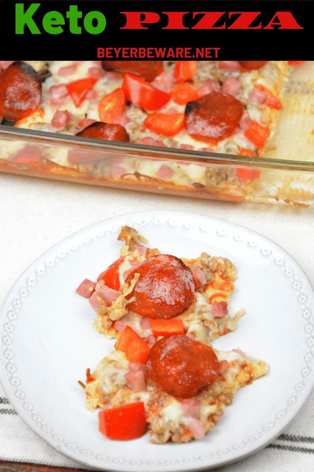 Keto pizza made with a cream cheese crust and topped with a thin layer of tomato sauce, your favorite toppings, and cheese. #Keto #LowCarb #Pizza #KetoPizza #LowCarbCrust