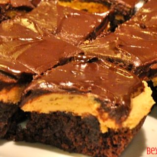 Buckeye brownies are a basic boxed brownie mix topped off with a smooth and creamy peanut butter frosting and chocolate ganache.