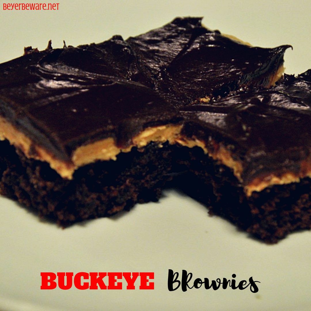 Buckeye brownies are a basic boxed brownie mix topped off with a smooth and creamy peanut butter frosting and chocolate ganache. #Brownies #Buckeyes #PeanutButter #Chocolate