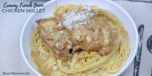 Creamy French onion chicken skillet has a base of caramelized onions used to add extra flavor to boneless, skinless chicken thighs and simmered together with cream to make an easy chicken dinner. #Skillet #Chicken #FenchOnion #Recipes #DinnerIdeas