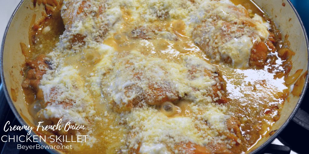 Creamy French onion chicken thighs skillet has a base of caramelized onions used to add extra flavor to boneless, skinless chicken thighs and simmered together with cream to make an easy chicken dinner. #Skillet #Chicken #FenchOnion #Recipes #DinnerIdeas