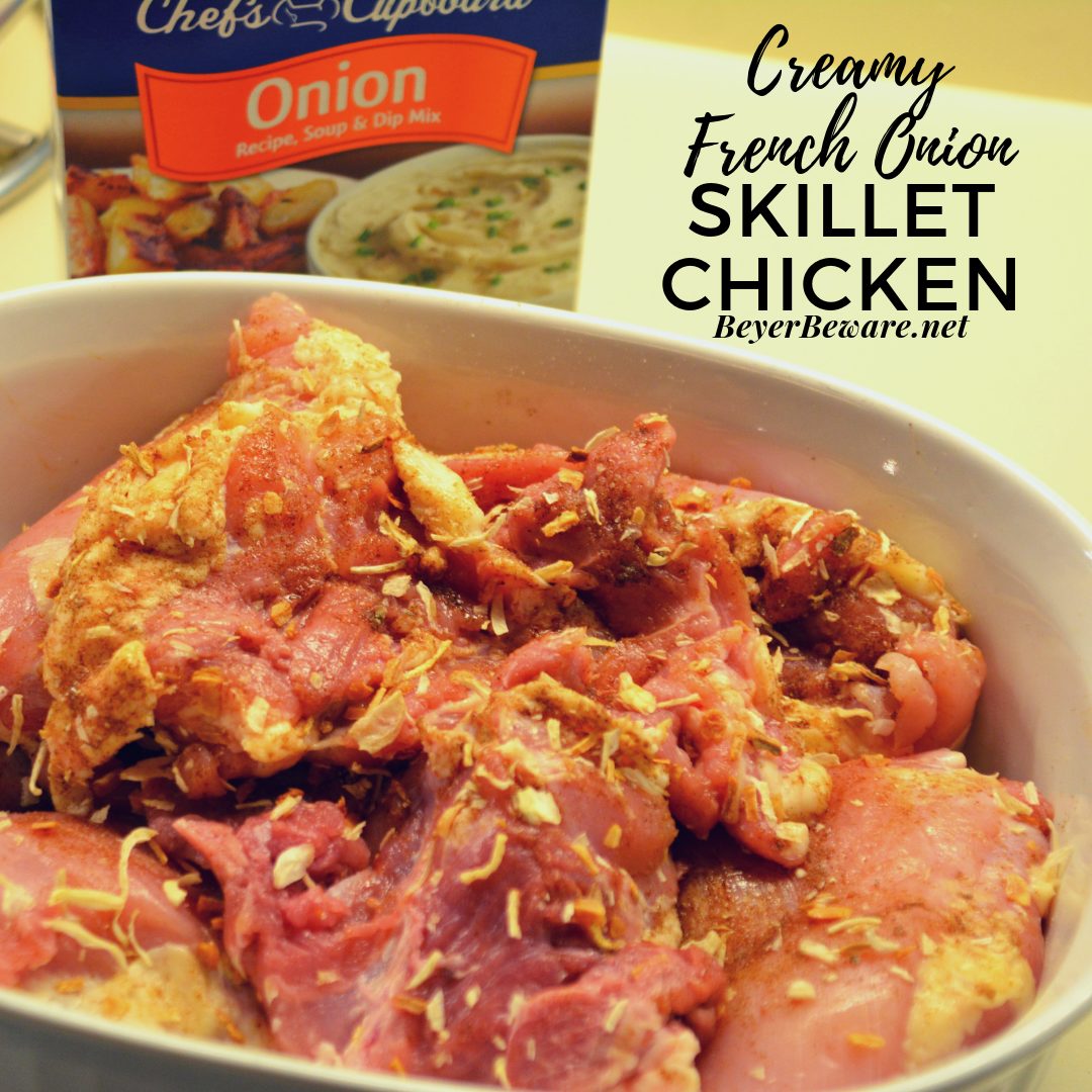 Creamy French onion chicken skillet has a base of caramelized onions used to add extra flavor to boneless, skinless chicken thighs and simmered together with cream to make an easy chicken dinner. #Skillet #Chicken #FenchOnion #Recipes #DinnerIdeas