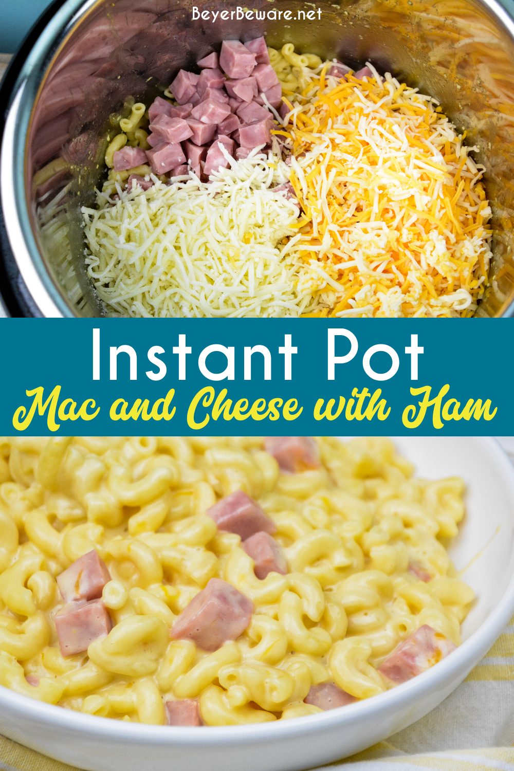 Instant Pot mac and cheese with ham is a quick dinner recipe using three kinds of cheese and leftover ham that is done in under 15-minutes and all cooked in the Instant Pot. #InstantPot #MacandCheese #DinnerIdeas #QuickDinnerRecipes #Recipe #Cheese