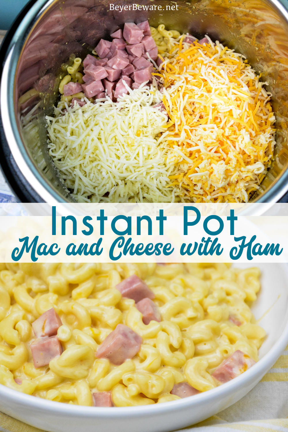 Instant Pot mac and cheese with ham is a quick dinner recipe using three kinds of cheese and leftover ham that is done in under 15-minutes and all cooked in the Instant Pot.