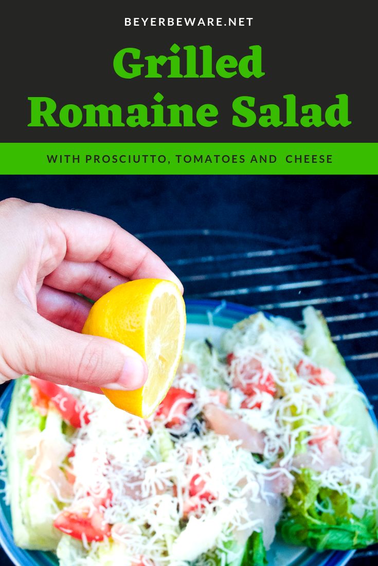 Grilled romaine salad topped with prosciutto, tomatoes, cheese and lemon juice & olive oil is the perfect BBQ side dish all summer long. #Salad #Grilling #lettuce #sidedish #Recipes