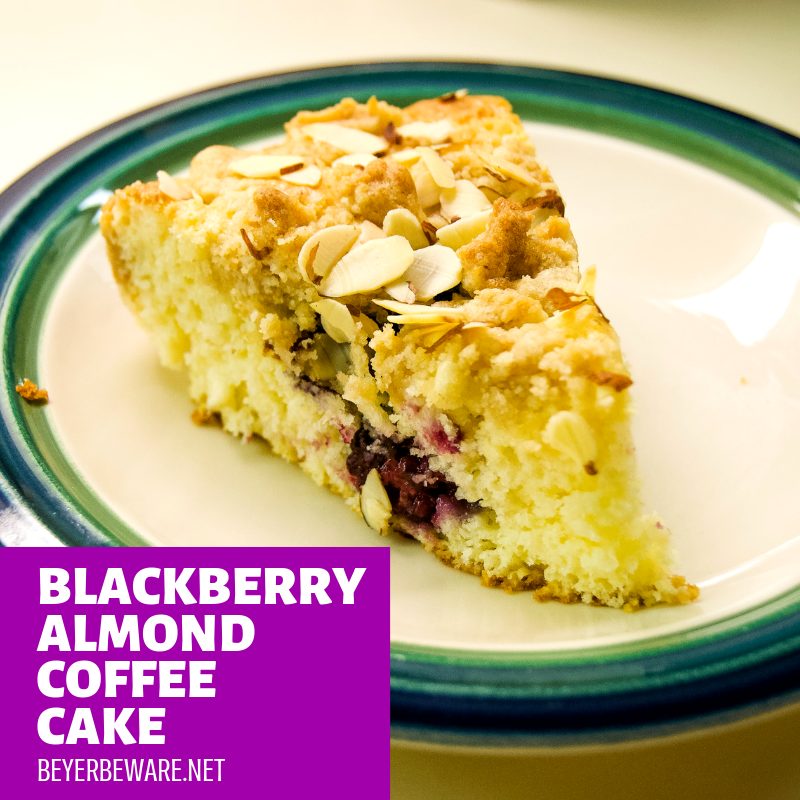 Blackberry almond coffee cake is a simple coffee cake recipe using buttermilk and almond flavorings for a moist and flavorful coffee cake that could easily pass as a dessert too. #Coffeecake #Blackberries #Cake #Almond