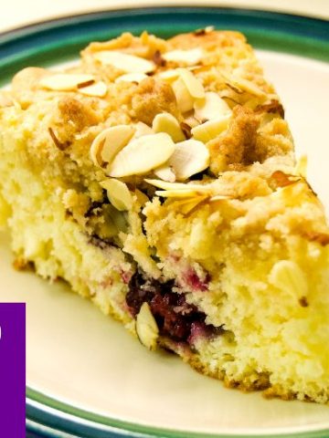 Blackberry almond coffee cake is a simple coffee cake recipe using buttermilk and almond flavorings for a moist and flavorful coffee cake that could easily pass as a dessert too. #Coffeecake #Blackberries #Cake #Almond