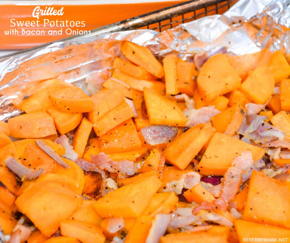 Grilled Sweet Potatoes with Bacon and Onions are an easy grilled side dish recipe perfect for your next BBQ. 