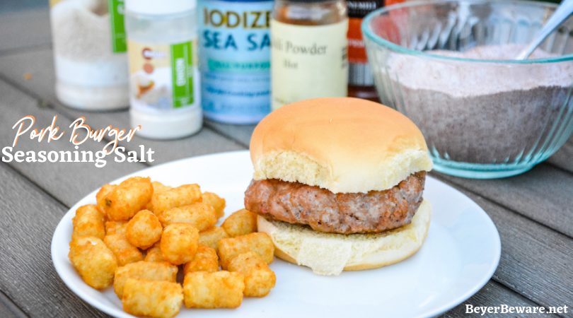 Pork Burger Seasoning Salt is a combination of three salts, paprika and chili powder to create a seasoning salt that is perfect on pork burgers, pork chops and even chicken and beef. #pork #Burgers #Seasonings #Salt #Spices #Grilling #Recipes