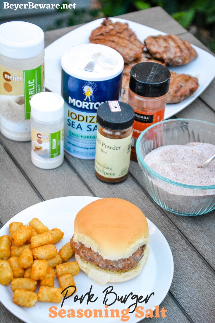 Pork Burger Seasoning Salt is a combination of three salts, paprika and chili powder to create a seasoning salt that is perfect on pork burgers, pork chops and even chicken and beef. #pork #Burgers #Seasonings #Salt #Spices #Grilling #Recipes