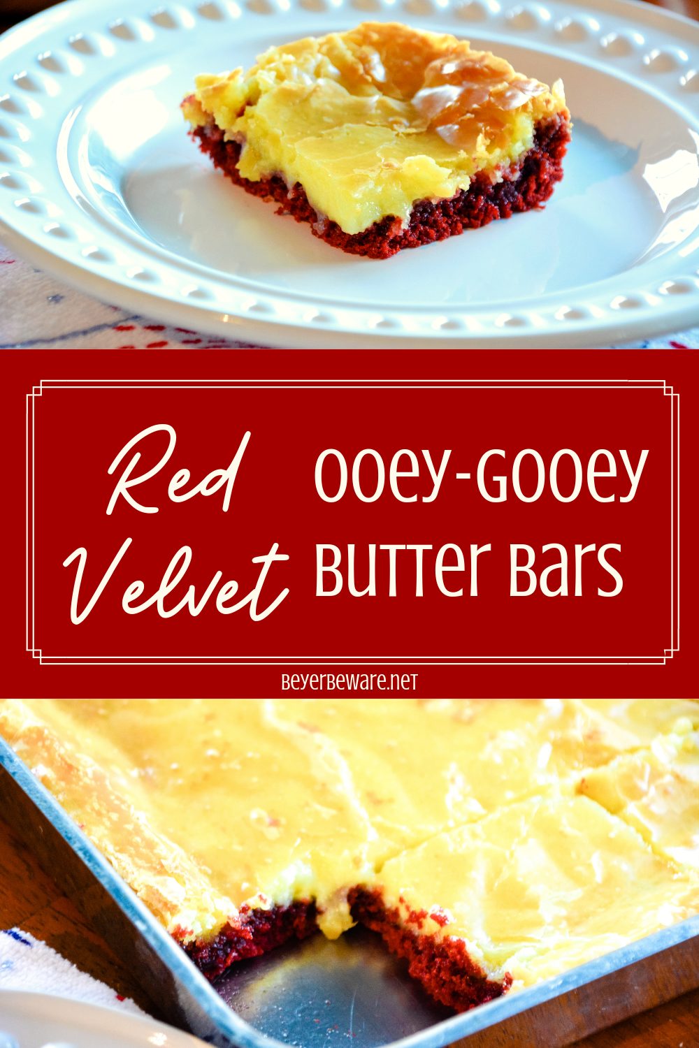 Red Velvet Ooey Gooey Butter Bars are a simple cake mix brownie baked with a cream cheese topping for your new favorite red velvet and cream cheese dessert. #RedVelvet #CakeMix #Dessert #Chocolate #Recipes