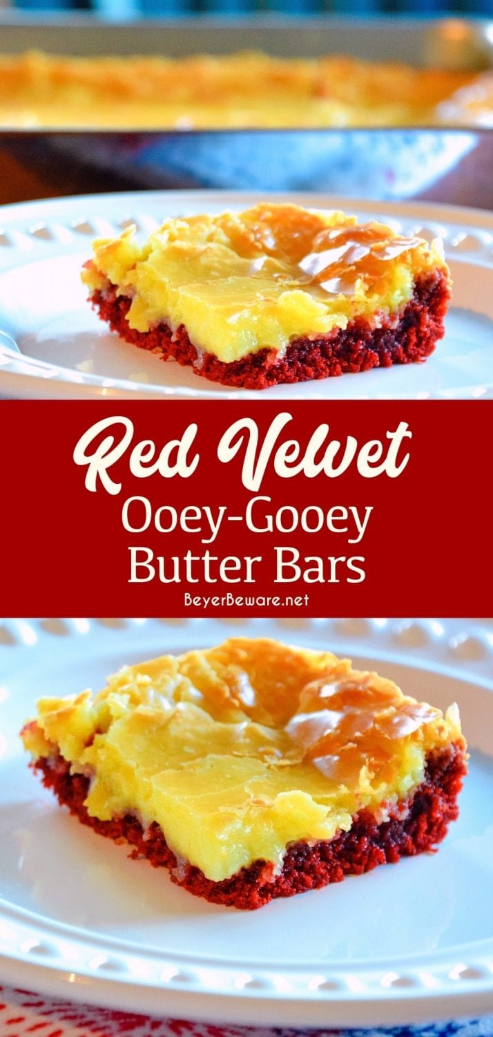 Red velvet ooey gooey butter bars are a chocolate lovers delight with these cream cheese red velvet cake bars.