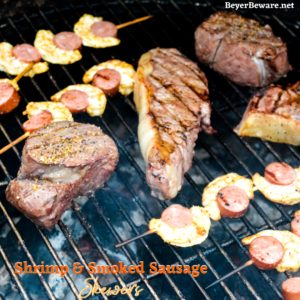 Grilled shrimp and smoked sausage skewers are full of cajun flavors and grill quickly for a fast grilled meal. #Grilling #bigGreenEgg #Shrimp #Sausage #ForkMorePork #Cajun #Recipes