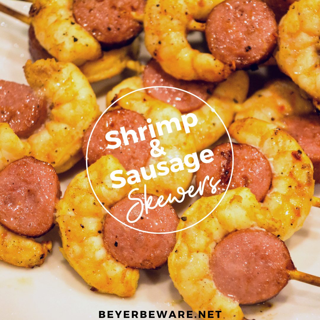 Grilled shrimp and smoked sausage skewers are full of cajun flavors and grill quickly for a fast grilled meal. #Grilling #bigGreenEgg #Shrimp #Sausage #ForkMorePork #Cajun #Recipes