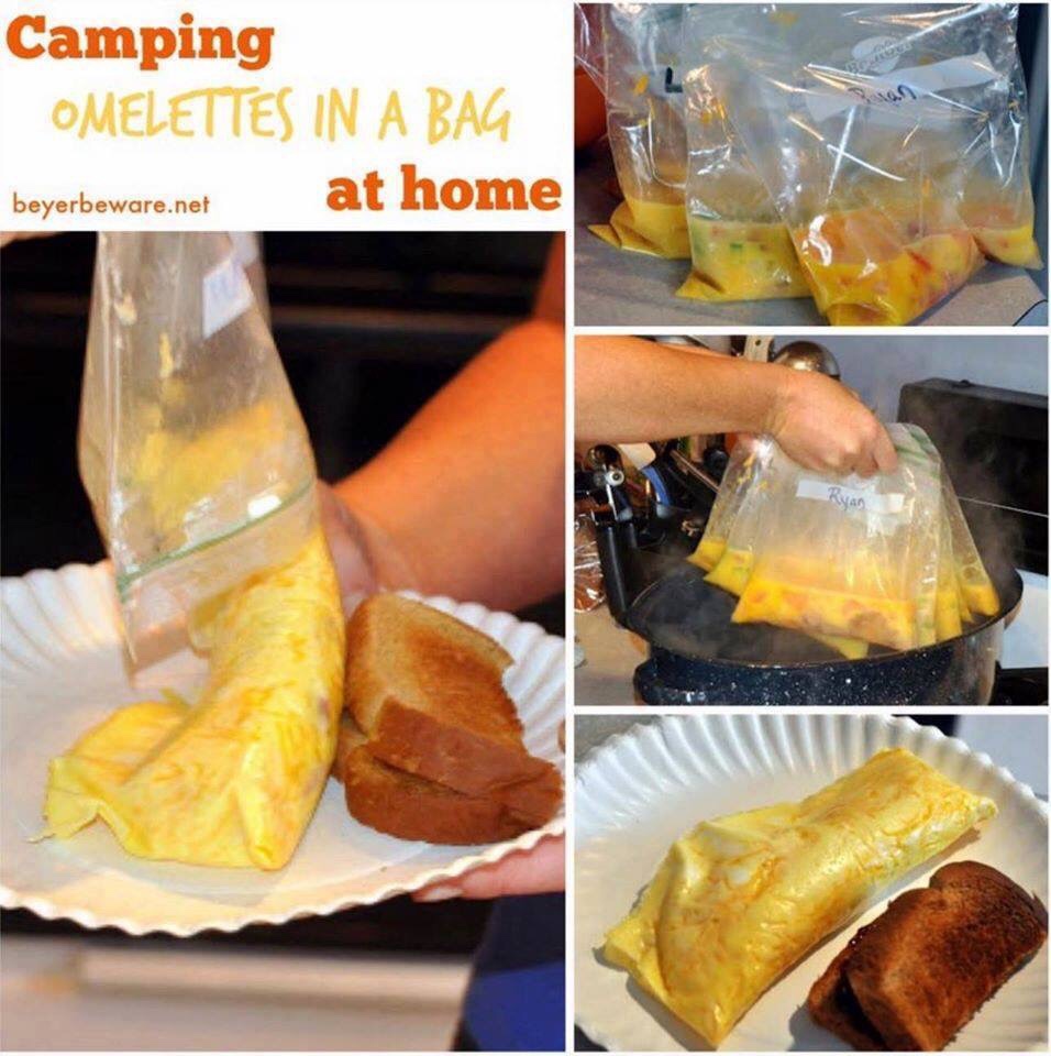 Omelettes in a bag are perfect for camping or if have a group to feed breakfast to at home to make individualized requests for eggs, quickly. #Omelettes #Breakfast #Camping