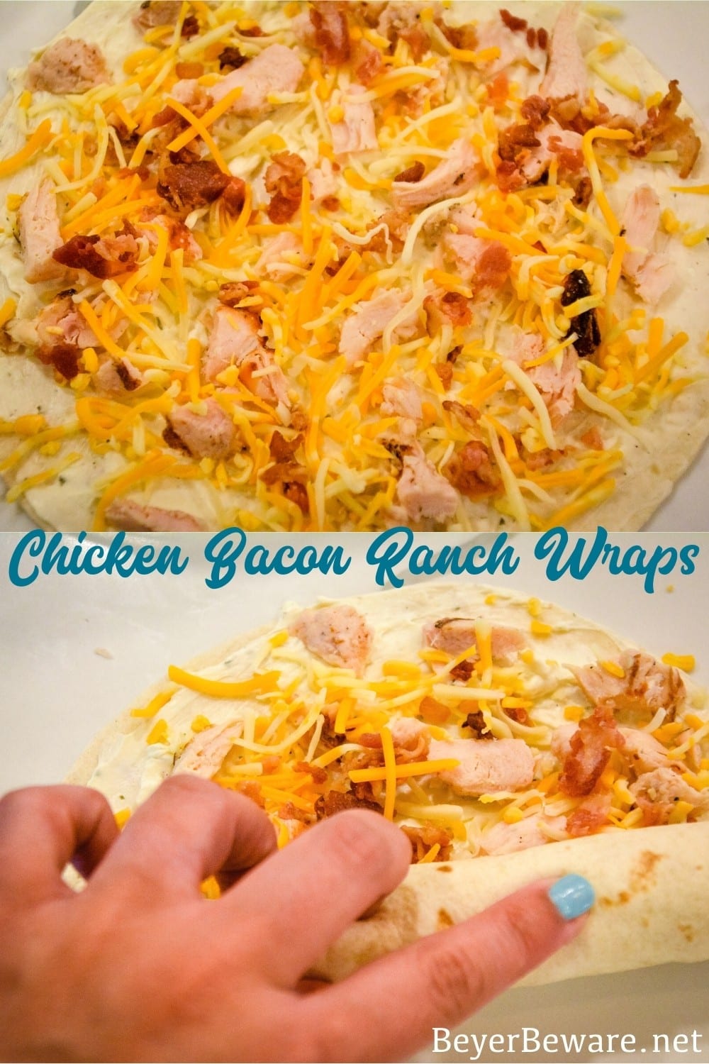 Chicken bacon ranch roll-ups are a quick tortilla wrap sandwich recipe sliced into pinwheels and filled with ranch cream cheese, chicken, bacon, and cheese.