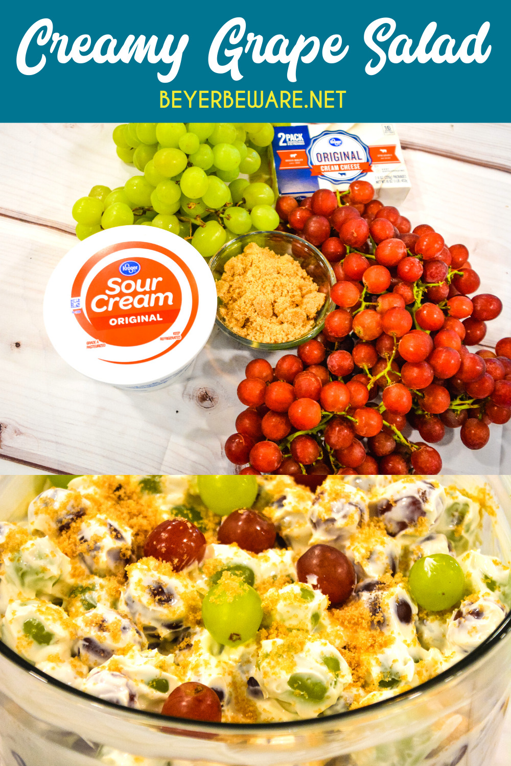 Creamy grape salad is an easy 5-ingredient fruit salad recipe made with red and green grapes, cream cheese, sour cream, and brown sugar.