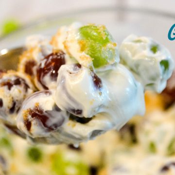 Creamy grape salad is an easy 5-ingredient fruit salad recipe made with red and green grapes, cream cheese, sour cream, and brown sugar.