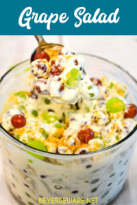 Creamy grape salad is an easy 5-ingredient fruit salad recipe made with red and green grapes, cream cheese, sour cream, and brown sugar.