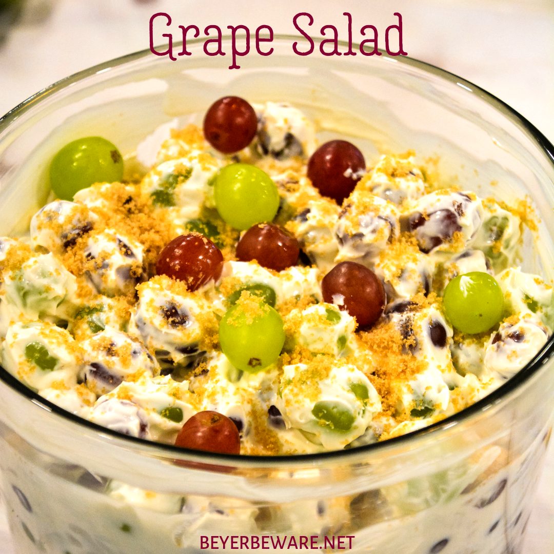 Cream cheese grape salad is an easy 5-ingredient fruit salad recipe made with red and green grapes, cream cheese, sour cream, and brown sugar.