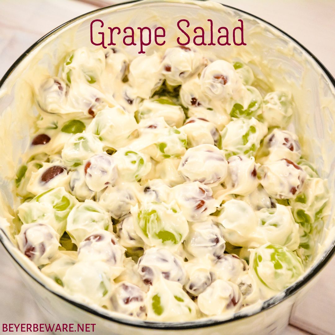 Cream cheese grape salad is an easy 5-ingredient fruit salad recipe made with red and green grapes, cream cheese, sour cream, and brown sugar.