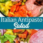 Italian antipasto salad is a hearty dinner salad with a romaine lettuce base and filled up with salami, pepperoni, tomatoes, cucumbers, onions, olives, banana peppers, artichoke hearts and cheese dressed with a homemade Italian dressing.